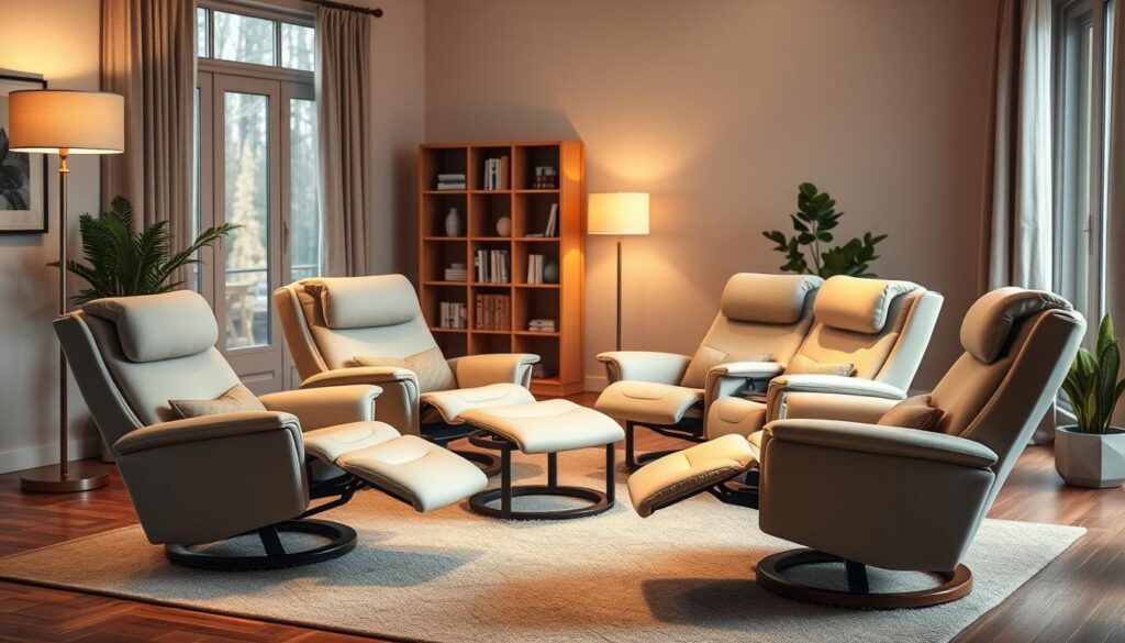 A cozy and inviting living room featuring a set of therapeutic reclining chairs arranged in a semicircle. The chairs have plush, ergonomic cushions in neutral tones that gently support the user's back and neck. Soft, ambient lighting from a floor lamp and a large window casts a warm, calming glow across the scene. In the background, a bookshelf and a potted plant add a touch of natural elegance. The overall atmosphere is designed to promote relaxation, comfort, and improved sleep quality after a long workday.
