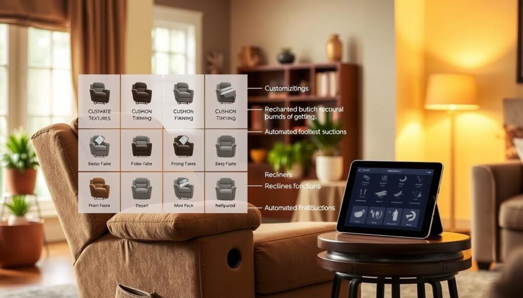 A cozy, well-lit living room with a plush, adjustable recliner chair in the foreground. The chair features a variety of customization options, including different fabric textures, cushion firmness settings, and automated footrest and recline functions. In the middle ground, a side table with a tablet displaying various recliner configuration options. The background showcases a warm, inviting atmosphere with soft lighting, potted plants, and a bookshelf, creating a sense of comfort and personal relaxation.