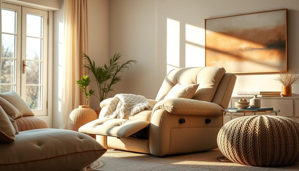 A cozy, well-lit living room with a plush, oversized recliner chair in the center. The chair is upholstered in a soft, neutral-toned fabric that invites you to sink in and relax. Gentle rays of afternoon sunlight stream through large windows, casting a warm, soothing glow across the room. Soft textures like a knitted blanket and fluffy throw pillows surround the chair, creating a sense of enveloping comfort. The room is sparsely decorated, allowing the chair and the calming ambiance to be the focal points. An abstract painting in muted, earthy tones hangs on the wall, complementing the serene atmosphere. The overall scene evokes a feeling of deep emotional comfort and respite from the stresses of the day.