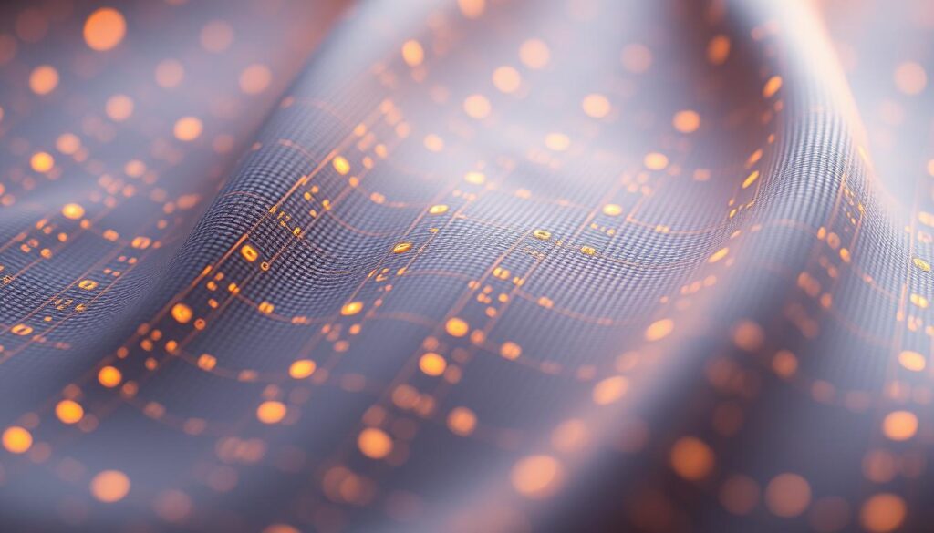 A futuristic close-up of soft, pliable sensors embedded in a high-tech fabric. The sensors are arranged in a grid pattern, delicately tracing the contours of the material. The lighting is warm and diffused, casting a gentle glow on the intricate circuitry. The depth of field is shallow, focusing the viewer's attention on the intricate details of the sensor technology. The overall mood is one of innovation, precision, and the seamless integration of technology with the natural world.