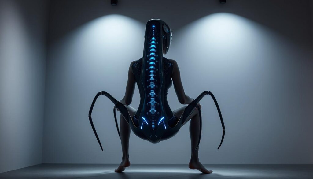 A futuristic, high-back chair with a sleek, alien-like design hovers above the ground, its spindly, biomechanical limbs cradling the sitter's spine. Glowing blue bioluminescent accents run along the chair's sinuous frame, casting an otherworldly glow. The sitter's posture is perfectly aligned, their back supported by the chair's intricate exoskeleton. Diffused lighting from above casts dramatic shadows, emphasizing the chair's striking silhouette. The scene evokes a sense of advanced technology, comfort, and organic biomimicry, capturing the essence of the "Alien Creature Chair" that supports the user's spine.