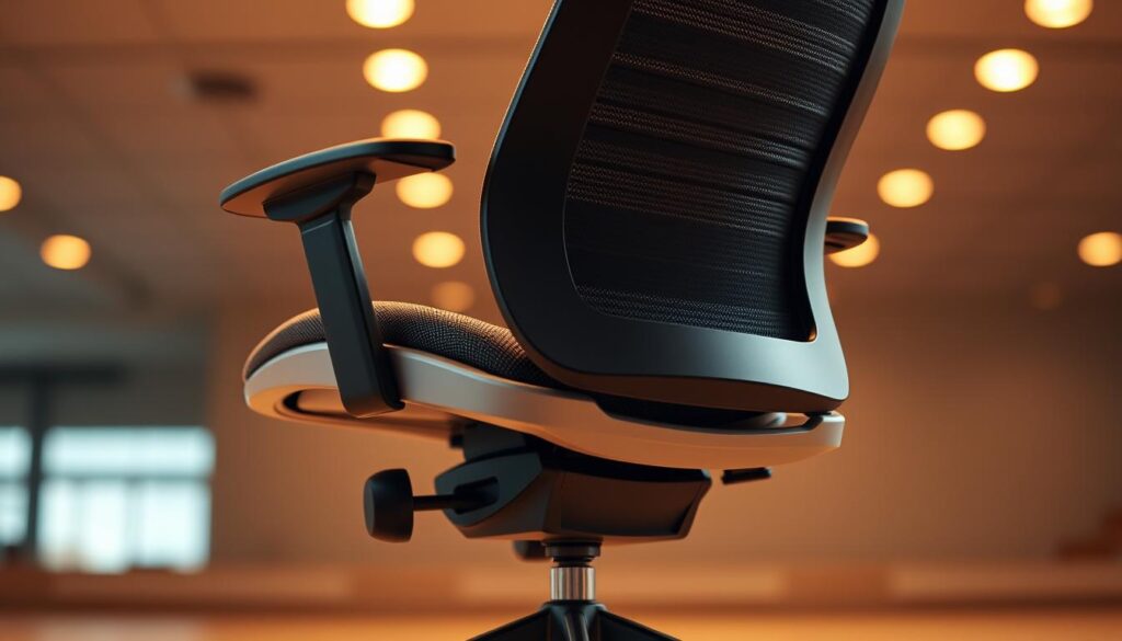 A high-quality, ergonomic office chair designed for spinal support, featuring a contoured backrest that hugs the natural curve of the spine. The chair is crafted with premium materials, such as breathable mesh or plush, supportive cushions, to provide all-day comfort. Adjustable lumbar support and a tilting seat pan allow for personalized, ergonomic positioning to alleviate pressure on the lower back. Smooth-rolling casters and a sturdy, five-star base provide stability and easy mobility. Warm, indirect lighting casts a gentle glow, creating a serene, professional atmosphere. The chair is photographed from a low angle, emphasizing its sleek, modern silhouette and ergonomic design elements.