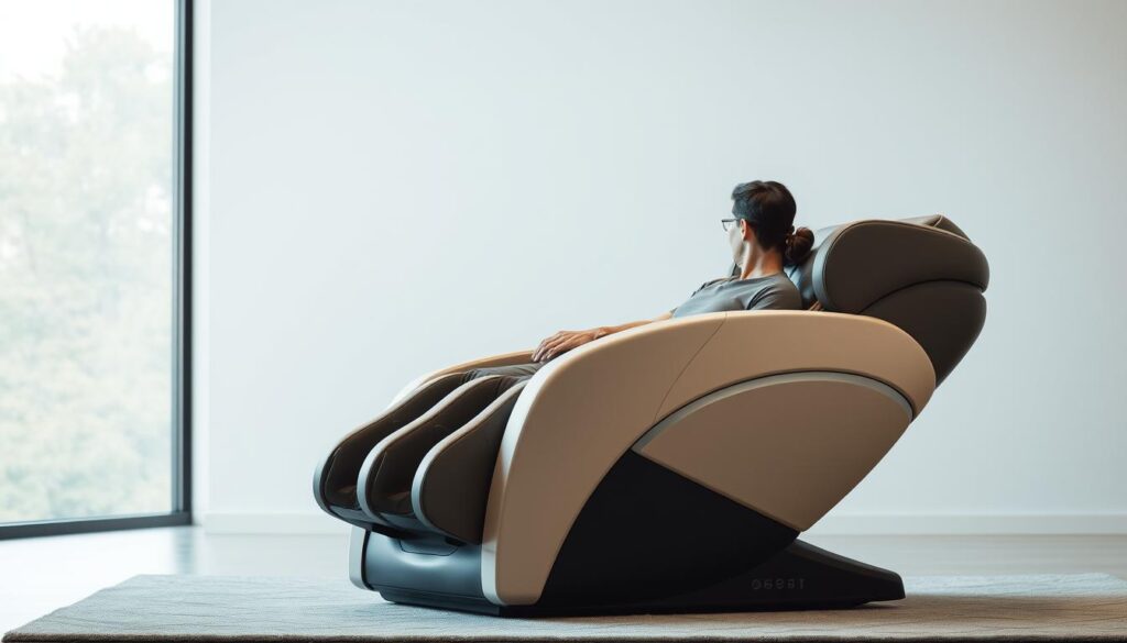 A large, modern reclining massage chair set against a minimalist living room backdrop. The chair's ergonomic design and plush, leather upholstery suggest supreme comfort. Gentle backlighting creates a warm, soothing ambiance, while subtle details like massage rollers and controls indicate the chair's advanced therapeutic features. The reclined position of the chair, along with a person's relaxed posture, conveys a sense of relief from back pain and fatigue. Soft, diffused lighting from a large window highlights the chair's sleek silhouette and therapeutic purpose, evoking a restorative, spa-like atmosphere.