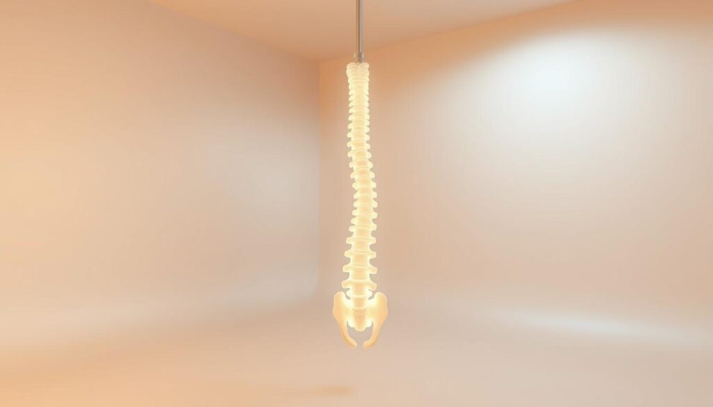 A minimalist, elegant rendering of the human spine suspended in a serene, zero-gravity virtual environment. The vertebrae are rendered in a soft, glowing white, accentuating the delicate, interconnected structure. Diffuse, ambient lighting bathes the scene in a warm, tranquil glow, creating an atmosphere of weightlessness and relaxation. The background is a seamless, gradient-filled void, allowing the spine to float effortlessly, conveying a sense of optimal support and neural adjustment. The camera angle is slightly elevated, providing a clean, unobstructed view of the spine's graceful curvature. The overall aesthetic is one of technological sophistication and soothing, therapeutic calm.
