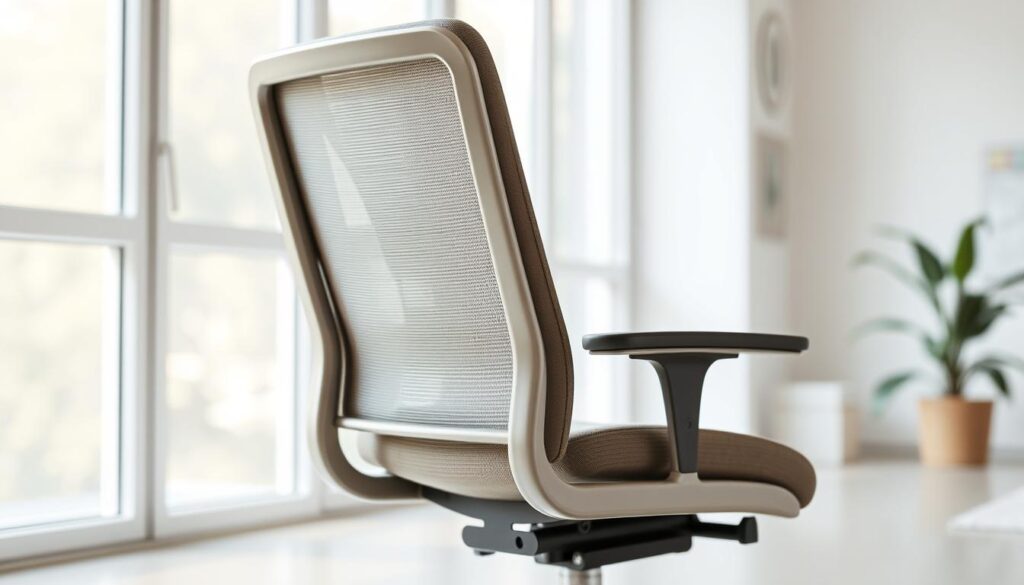 A modern, affordable ergonomic chair with a sleek, minimalist design. The chair has a low-profile backrest and contoured seat cushion to provide lumbar support and promote good posture during long sitting sessions. The frame is constructed from sturdy, lightweight materials like brushed aluminum, while the upholstery is a breathable, easy-to-clean fabric in a neutral tone that complements a variety of home decor styles. Subtle details like rounded edges and a slight recline angle create an inviting, comfortable seating experience. The chair is positioned in a bright, airy room with soft, diffused natural lighting filtering in through large windows, creating a serene, productivity-enhancing atmosphere.