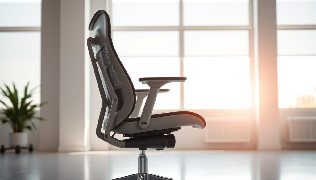 A modern, ergonomic smart adjustable chair, its sleek frame and contoured seat designed to provide optimal support and comfort for the user. The chair is positioned in a minimalist, well-lit office setting, with natural light streaming in through large windows, casting a warm, ambient glow. The chair's various adjustment mechanisms, such as the height-adjustable seat, recline function, and pivoting armrests, are clearly visible, showcasing its advanced features. The chair is rendered in a neutral, muted color palette, complementing the clean, contemporary aesthetic of the office environment. The overall scene conveys a sense of productivity, comfort, and the integration of technology into the modern workplace.