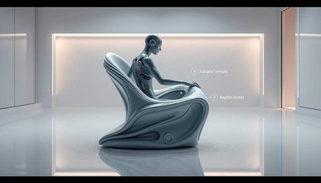 A morphing chair in a sleek, futuristic setting. In the foreground, the chair's surface ripples and undulates, transforming to conform to the user's body. Subtle robotic actuators and servo mechanisms are visible, creating a captivating biomechanical aesthetic. The middle ground showcases the chair's advanced sensors, tracking the user's movements and pressure points in real-time. In the background, a minimalist, high-tech environment with clean lines and ambient lighting sets the stage for this innovative self-adjustment process. The scene conveys a sense of technological wonder and the seamless integration of man and machine.