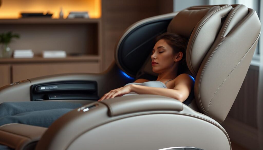 A reclining massage chair, its sleek design inviting rest and relaxation. The chair's plush, contoured cushions cradle the body, promoting proper spinal alignment. Soothing massage nodes gently knead tight muscles, alleviating tension after a long, tiring day. Soft, ambient lighting sets a calming mood, while a modern, minimalist aesthetic blends seamlessly into any living space. The chair's reclined position reduces pressure on the spine, allowing the user to fully unwind and restore energy. Delicate details, such as supple leather upholstery and polished metal accents, elevate the chair's premium quality. An oasis of comfort and rejuvenation, this reclining massage chair is the ultimate sanctuary for weary bodies and minds.