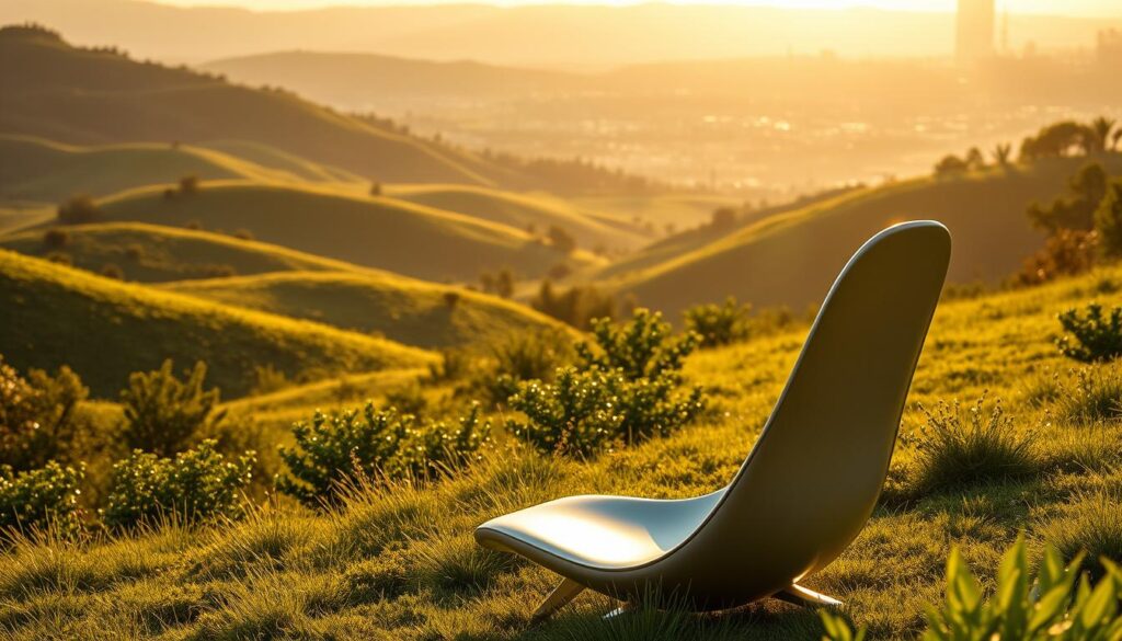 A serene landscape of lush greenery and rolling hills, bathed in warm, golden sunlight. In the foreground, a sleek, modern smart chair, its surface glistening with a sustainable, eco-friendly finish. The chair's contours are designed to mimic the natural curves of the human spine, promoting healthy posture and seamless integration with the user's body. The chair's internal mechanisms subtly rise and fall, creating the illusion of gentle, rhythmic breathing, in sync with the user's own respiration. In the middle ground, a network of interconnected smart devices and sensors, all powered by renewable energy sources, create a harmonious, self-sustaining ecosystem. The background features a distant, shimmering skyline of futuristic, sustainable architecture, embodying the balance between technology and nature.