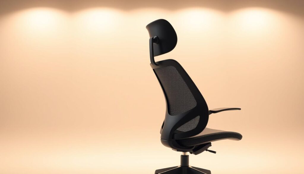 A sleek, ergonomic office chair with a high-back design for superior spinal support. The chair has a contoured lumbar cushion that follows the natural curve of the lower back, providing exceptional lower back relief. The chair's seat is densely padded with a breathable, mesh-like material for long-lasting comfort. Bright, indirect lighting illuminates the chair from above, casting a warm, inviting glow. The chair is positioned against a plain, neutral-toned backdrop, allowing its sophisticated design to take center stage. The overall scene evokes a sense of modern, minimalist elegance perfectly suited for a professional workspace.