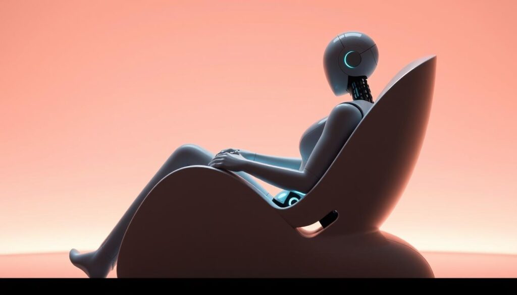 A sleek, ergonomic robot chair gently envelops the user, its neural sensors delicately tracing the contours of the body. Soft, adjustable limbs cradle the spine, responding to the slightest shift in posture with soothing, micro-adjustments. Ambient lighting casts a serene, otherworldly glow, while discreet actuators whir softly, harmonizing the chair's form with the user's changing needs. The chair's design is both highly technical and profoundly intuitive, a fusion of cutting-edge technology and holistic comfort, creating an experience of tranquil, personalized support.
