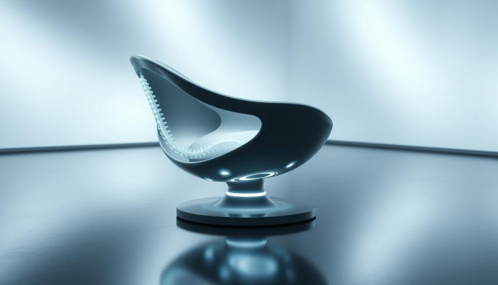 A sleek, futuristic chair with a spinal-inspired design hovers above a gleaming metallic floor. The chair's curved backrest and seat seamlessly integrate a network of sensors and actuators, mimicking the natural movements and pressure points of the human spine. Soft, organic lighting emanates from the chair's base, creating an ethereal, almost alien ambiance. The chair's frame is composed of a lightweight, carbon-fiber composite, giving it a graceful, floating appearance. Advanced neural interfaces allow the chair to respond intuitively to the user's posture and movements, providing personalized comfort and support. The scene exudes a sense of technological sophistication and human-machine harmony, inviting the viewer to experience the future of smart furniture.