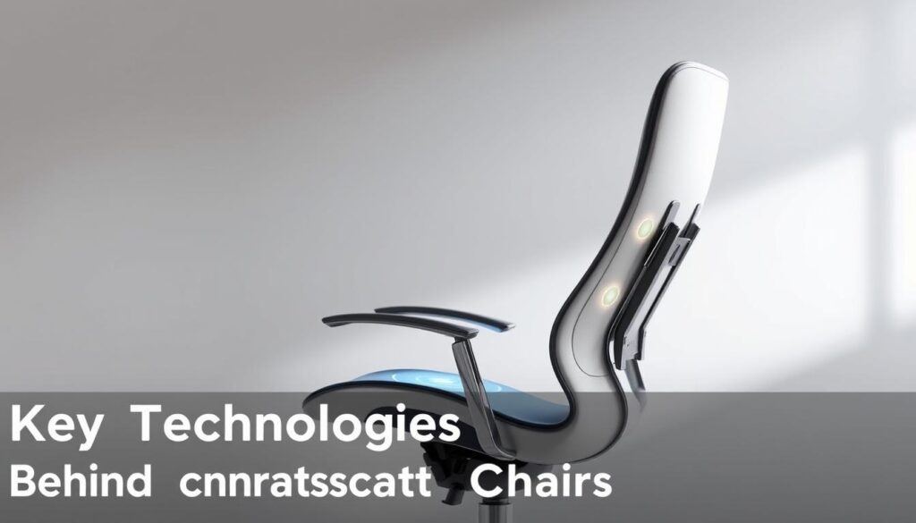 A sleek, modern adjustable office chair with integrated sensors, against a minimalist, well-lit backdrop. The chair's contoured, ergonomic design is accentuated by subtle lighting, showcasing its intelligent features. Sensors embedded in the cushions and backrest dynamically monitor the user's posture, pressure points, and movement, seamlessly adjusting the chair's position and support to provide optimal comfort and spinal alignment. The chair's polished, metallic frame contrasts with the soft, neutral-toned upholstery, creating a sophisticated, high-tech aesthetic. The overall scene conveys a sense of cutting-edge technology harmoniously blended with human-centric design, perfectly suited for the "Key Technologies Behind Smart Chairs" section.