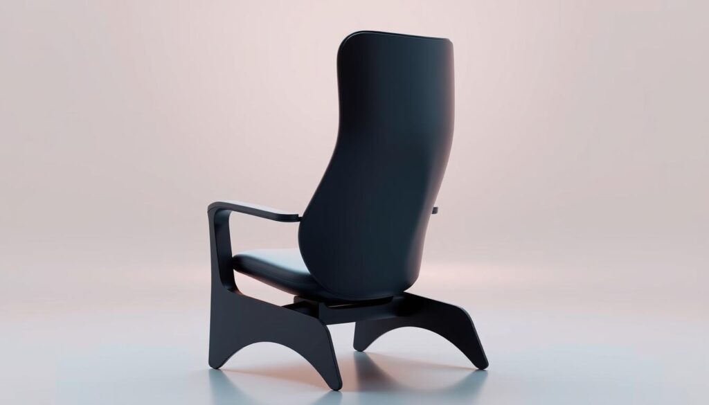 A sleek, modern ergonomic chair with a high-backed design and contoured lumbar support. The chair is positioned in a serene, minimalist virtual environment with a soft, ambient lighting that creates a sense of weightlessness and relaxation. The chair's materials have a subtle sheen, reflecting the gentle illumination and conveying a sense of high-quality craftsmanship. The chair's form and positioning suggest optimal spinal alignment, promoting a comfortable and supportive seating experience that allows the sitter's nerves to "dance in a magical zero-gravity virtual space".