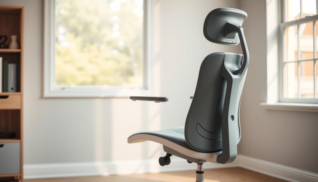 A sleek, modern ergonomic work chair sits in a well-lit home office. The chair's plush, contoured seat and backrest provide lumbar support, while its adjustable height and tilt settings allow for personalized comfort. Soft, muted tones of gray and white create a minimalist, calming atmosphere. Warm, natural lighting from a large window casts a gentle glow, illuminating the chair's clean, streamlined design. The chair's thoughtful features and uncluttered aesthetic suggest a smart, practical solution for long-sitting sessions that prioritize back health and productivity in a small, budget-friendly space.