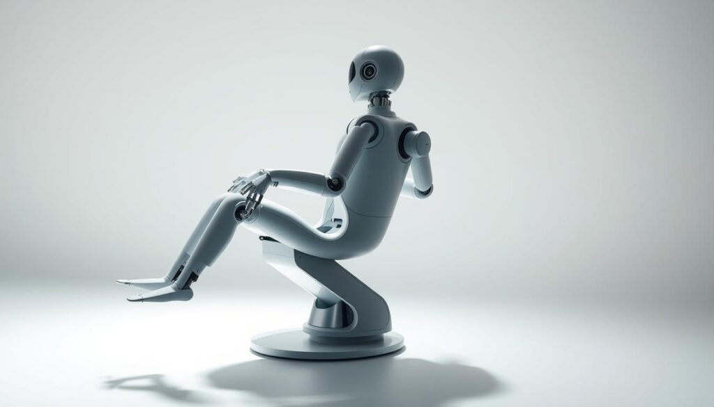 A sleek, posture-adjusting robot chair hovers in a minimalist, futuristic environment. The robot's articulated limbs gracefully support the contoured seat, which gently conforms to the user's spine. Soft, glowing accents illuminate the chair's advanced sensors and mechanisms, creating an ethereal, almost sentient atmosphere. Crisp, directional lighting casts dynamic shadows, highlighting the chair's elegant, ergonomic form. The background is a serene, neutral palette, allowing the innovative design to take center stage. This robotic chair embodies a harmonious fusion of technology and human-centric comfort, presenting a captivating contrast to traditional furnishings.