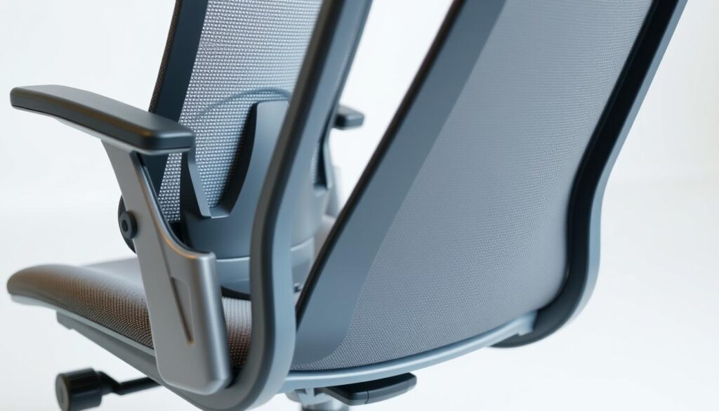 A well-lit, high-resolution image of an ergonomic office chair with clear adjustments for spinal support. The chair is shown in a neutral grey or black color, with a sleek, modern design. The frame is made of sturdy metal, and the seat and backrest are covered in a breathable, supportive fabric. The focus is on the chair's adjustable features, such as the lumbar support, seat height, and backrest tilt, which are highlighted through close-up angles and detailed textures. The lighting is soft and directional, creating depth and emphasizing the chair's ergonomic functionality. The background is a clean, minimalist studio setting, allowing the chair to be the central focus of the image.