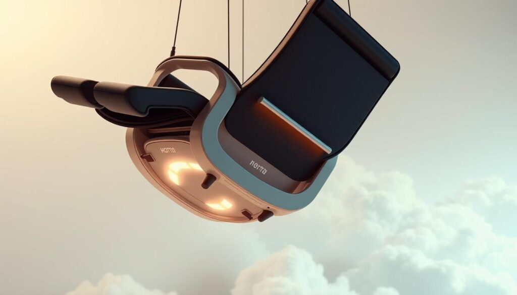 A zero-gravity recliner with advanced pressure relief technology, showcasing its inner mechanics. The chair is suspended in a serene, minimalist environment with soft lighting and a serene, cloud-like background. The camera angle highlights the chair's ergonomic design, featuring a high-tech cushioning system that conforms to the body's contours, providing exceptional comfort and support. The materials used, such as breathable fabrics and advanced foams, are clearly visible, emphasizing the chair's advanced engineering. The overall mood is one of tranquility and rejuvenation, hinting at the health benefits of this innovative zero-gravity seating solution.
