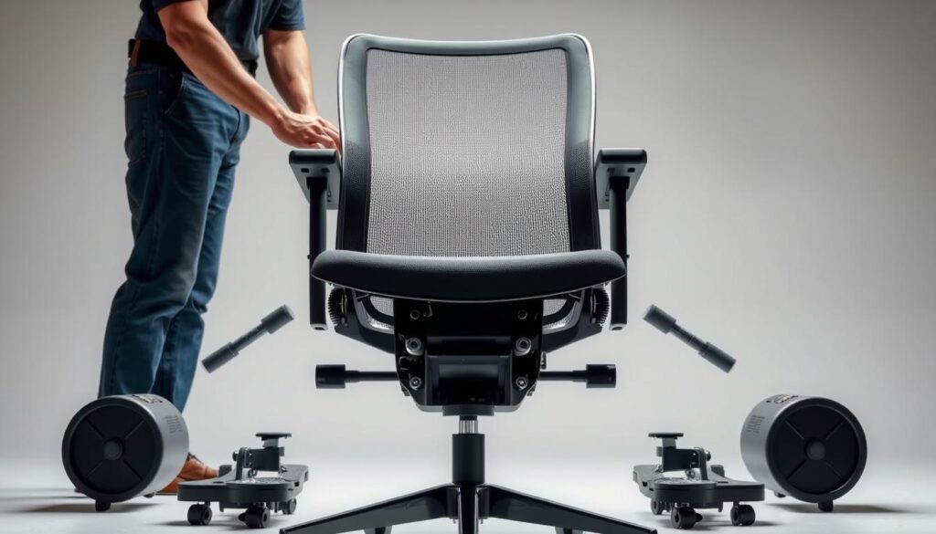 Detailed image of a smart adjustable office chair undergoing maintenance. Brightly lit studio setting with soft, even lighting from multiple angles. Centered in the frame, the chair is shown in a disassembled state, with the seat, backrest, and base components separated and laid out neatly. Technician's hands are visible, skillfully inspecting and cleaning each part. The chair's internal mechanisms, such as the gas lift and adjustment levers, are exposed, showcasing the intricate engineering. The background is a plain, minimalist backdrop, allowing the chair to be the sole focus. Conveying a sense of care, precision, and the importance of proper maintenance for optimal comfort and longevity of smart adjustable chairs.
