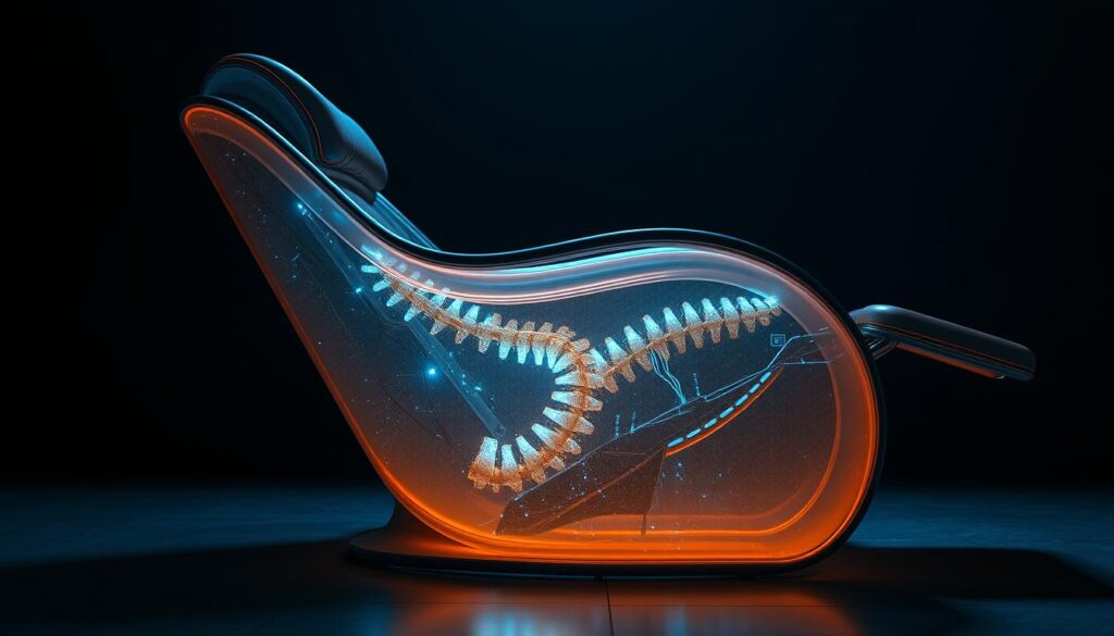 Nano-tech morphing recliner with fluid metal armrests and backrest that seamlessly adjust to the contours of the user's spine. The chair's surface is covered in a network of microscopic robotic actuators that respond to nerve signals, gently cradling and supporting each vertebra. Glowing blue circuitry pulses beneath a translucent shell, creating an uncanny, almost alien aesthetic. Dramatic backlighting from below creates an ominous, otherworldly atmosphere, while soft ambient lighting from above highlights the chair's organic, biomorphic form. Shot from a low angle to emphasize the recliner's imposing, futuristic presence.