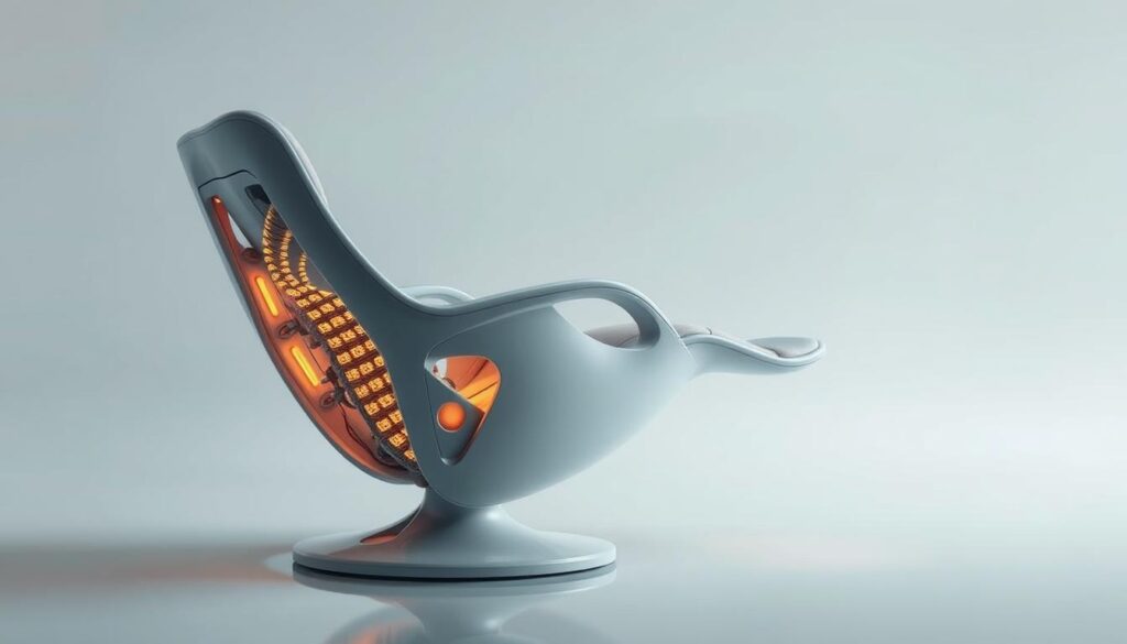 Nano-tech morphing recliner with precision-engineered spine support, set against a sleek, minimalist backdrop. Intricate articulating mechanisms and biomimetic structures create a synergistic, symbiotic relationship with the human form. Soft ambient lighting accentuates the chair's elegant curves and dynamic contours, designed to gently cradle and conform to the user's every movement. A sense of technological elegance and futuristic wellness pervades the scene, hinting at the transformative health benefits of this advanced, personalized seating solution.