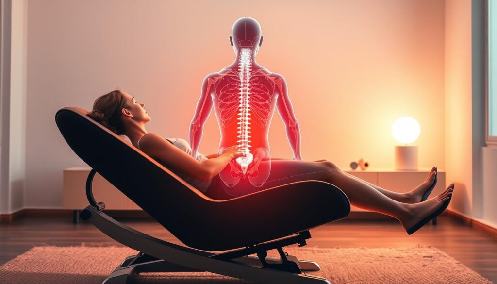 Vibrant scene of a human body undergoing vibration therapy. In the foreground, a person relaxes on a modern, ergonomic vibration chair, the backrest gently pulsating with rhythmic vibrations. Middle ground reveals a transparent anatomical overlay, highlighting the spine and nervous system, pulsing with energy in sync with the chair's movements. The background features a softly lit, minimalist setting, creating a serene and restorative atmosphere. Warm, diffused lighting accentuates the therapeutic effects, conveying a sense of deep relaxation and rejuvenation. The overall composition suggests the profound benefits of vibration therapy, unlocking the body's natural healing potential.